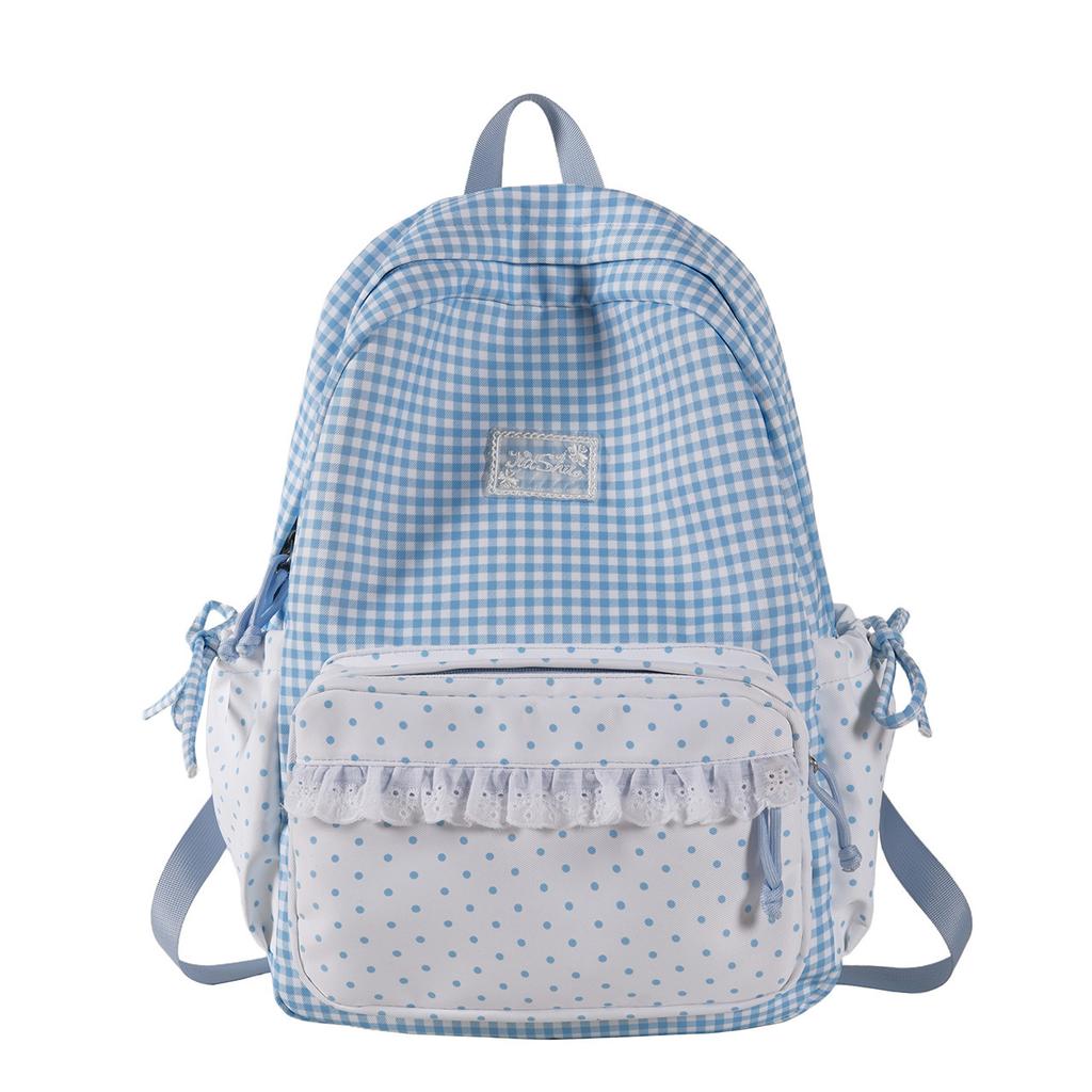 Schoolbag Korean ins Fresh Plaid Polka Dot Backpack Girl Heart Lace Small School Bag Junior High School College Student Commuter Bag
