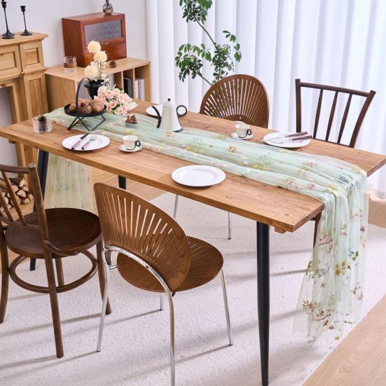 Bestickter Blumiger Tischläufer Transparenter Tüll Tischläufer Schmetterlingsblumen Tischläufer für Esstisch Hochzeit Babyparty Frühlingsfest