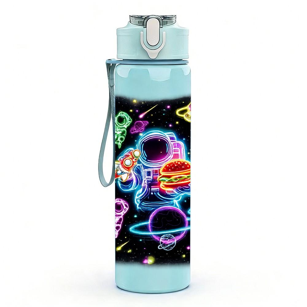 1PC Neon Glow Abstract Graffiti Print 750ml Color Plastic Sports Water Bottle Leakproof Flip Straw Lid Suitable for Sports Office Home Use