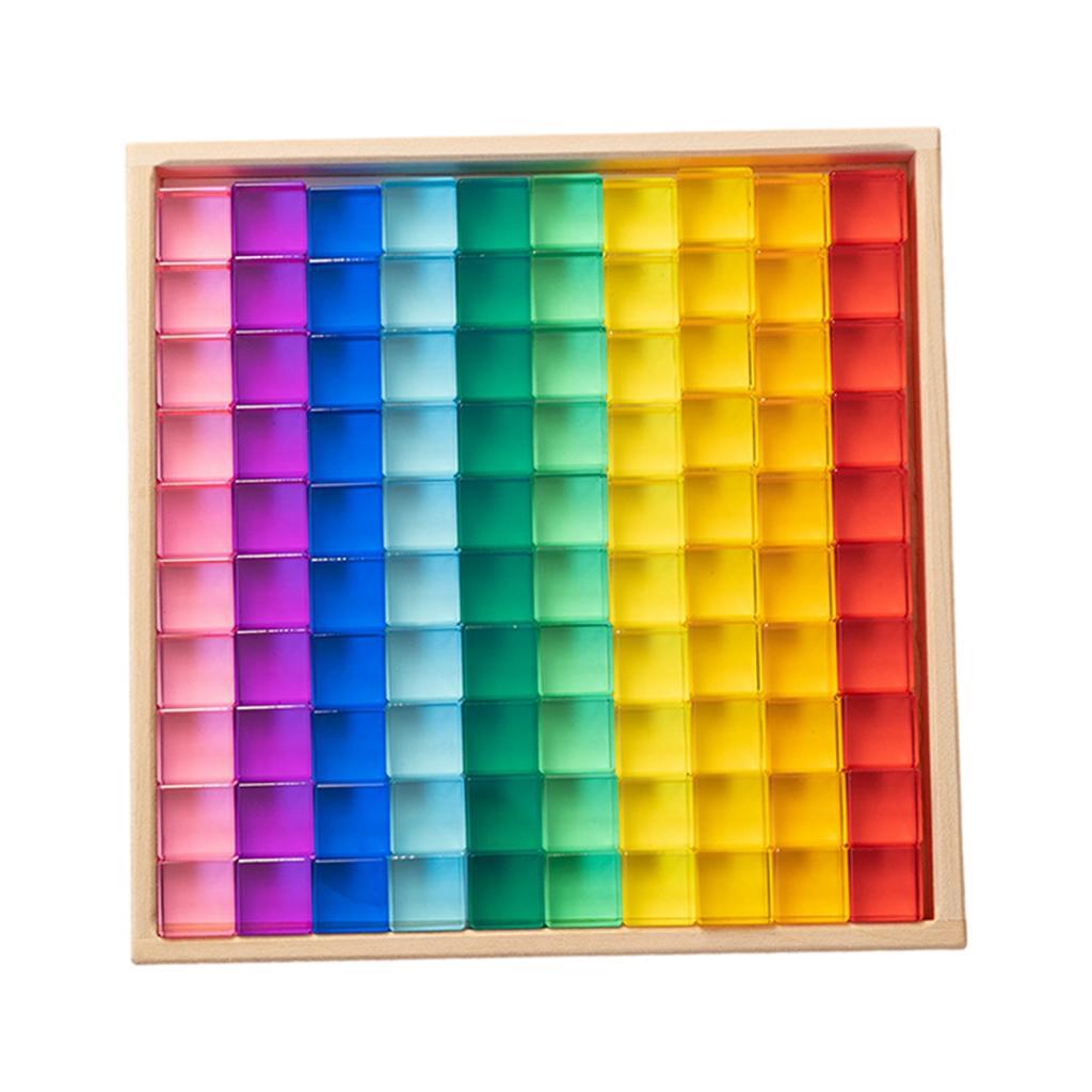 100 Pieces Rainbow Building Blocks Acrylic Gemstone Cubes Stacking Game Toy with Wooden Storage Box