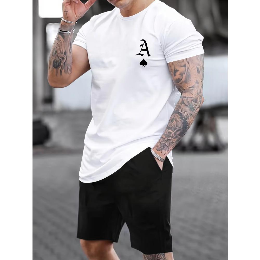 100% Cotton Men's Summer Casual A-letter Poker Pattern Print Loose Size Round Neck Short Sleeved T-shirt+shorts Set