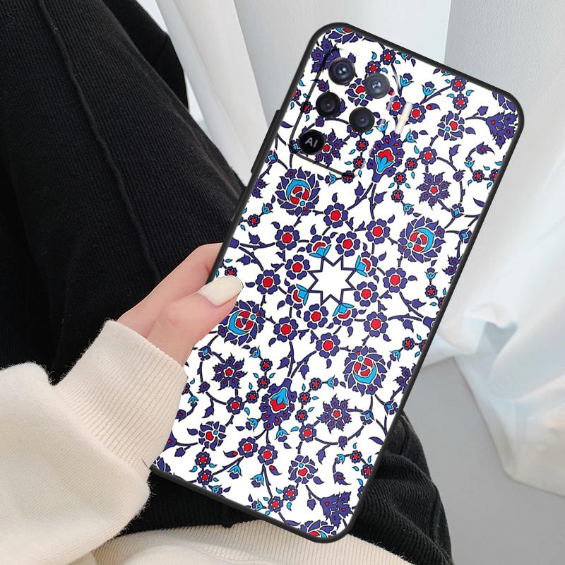 Square Turkish Flower Tiles Case For Oppo A17 A57 A77 A40 A78 A54 A74 A94 A76 A16 A96 A18 A60 A80 A38 A58 A98 A15 A5 Pro