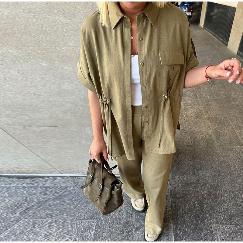 Set de damă cu șort cu șnur și mânecă scurtă, culoare uni, pantaloni lungi, cu trei culori la alegere, cu talie marcată, stil casual, vară, set nou pentru femei