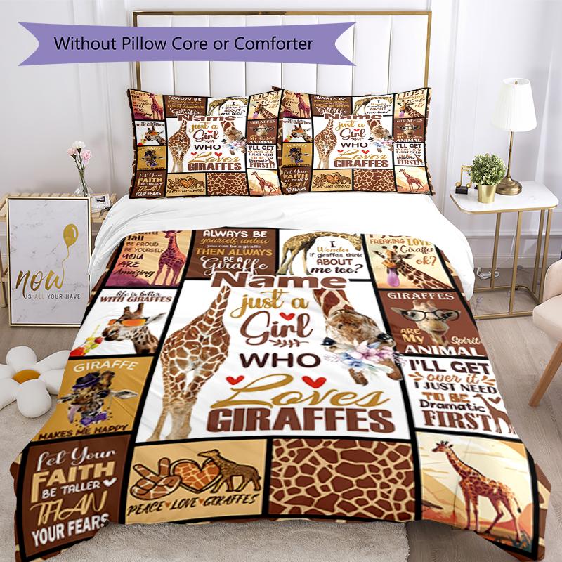 3pcs Custom Name Giraffe Bedding Set Duvet Cover Closure Includes 1 Duvet Cover & 2 Pillowcases, Soft and Comfortable for All Seasons.
