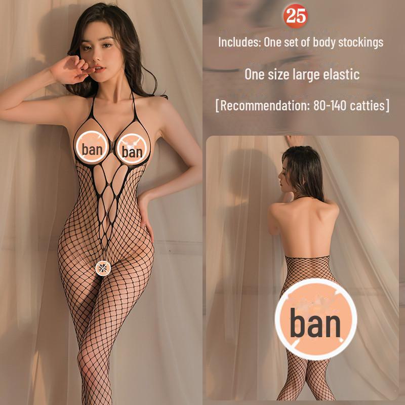 Erotic Black Mesh One-Piece Lingerie Set with Open Stockings - Tempting and Sexy