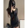 New half-button retro long-sleeved dress for women, waist and thin, sexy slim-fitting hip-wrapped short skirt