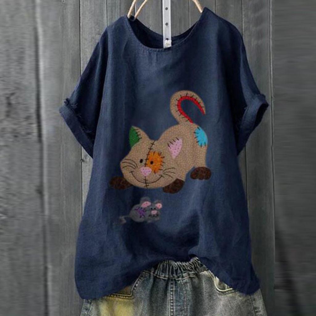 

Plus Size Women Short Sleeve Cotton Linen Print Blouse Top T-Shirt L тёмно-синий