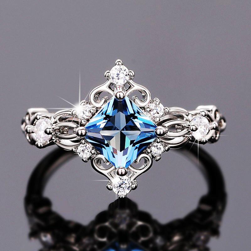 Blauer Zirkonia Hochzeits-Verlobungsring Sterling Luxus Prinzessin Quadratischer Ring für Damen