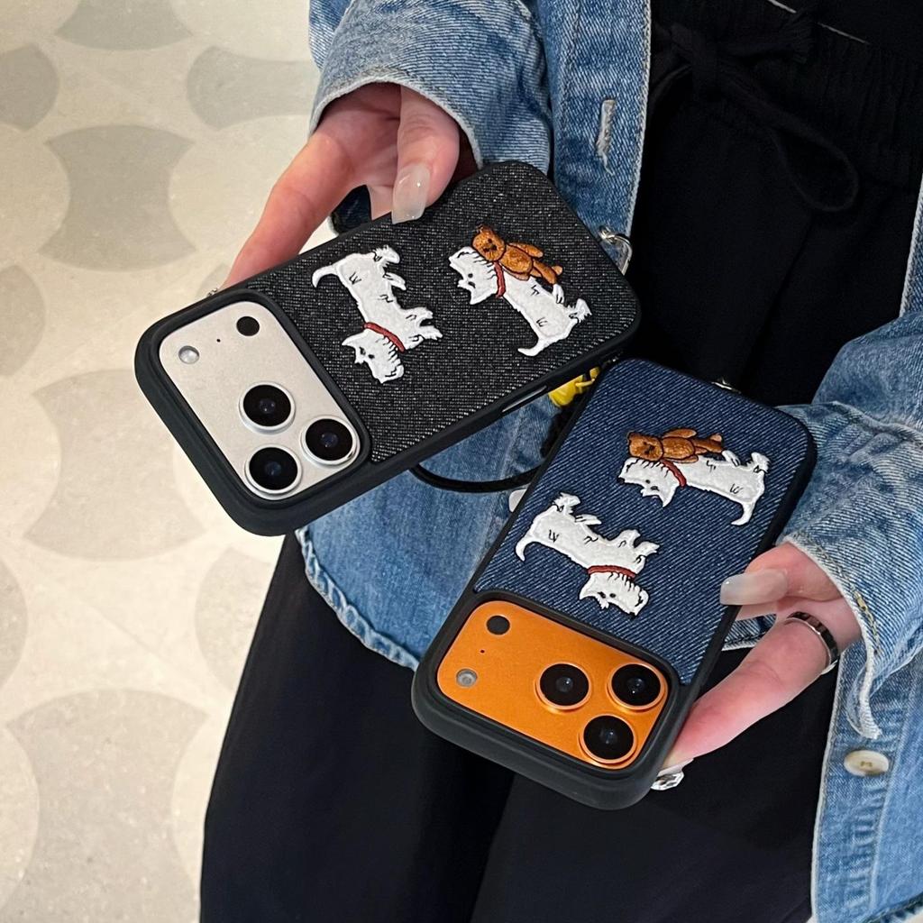 Plush Embroidered Denim Dog iPhone 16/15/14/Pro Max Case with Hand Strap