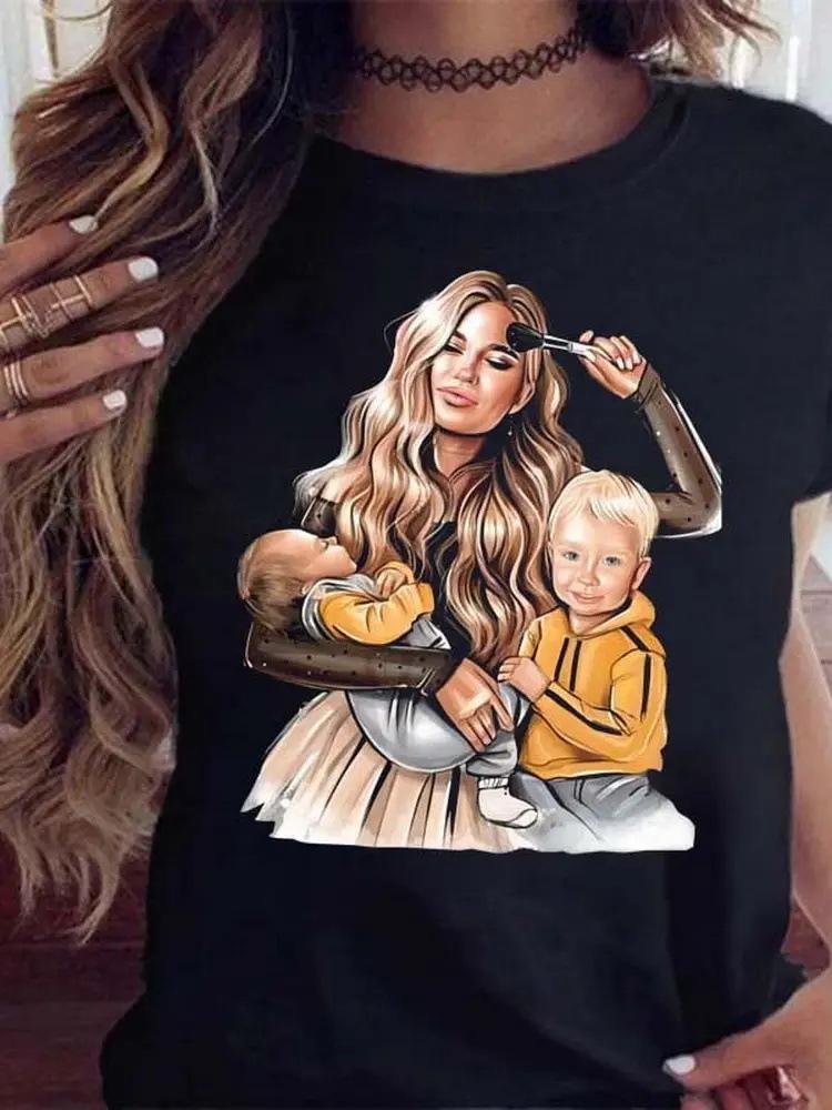 Cartoon Mother and Son Daughter Printed Women's T-Shirt Summer Casual Harajuku Mom Printed Short Sleeves