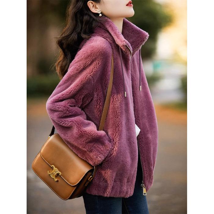 

Двустороннее плюшевое женское пальто средней длины свободного кроя на молнии с капюшоном, толстое плюшевое пальто для женщин 3XL фиолетовый