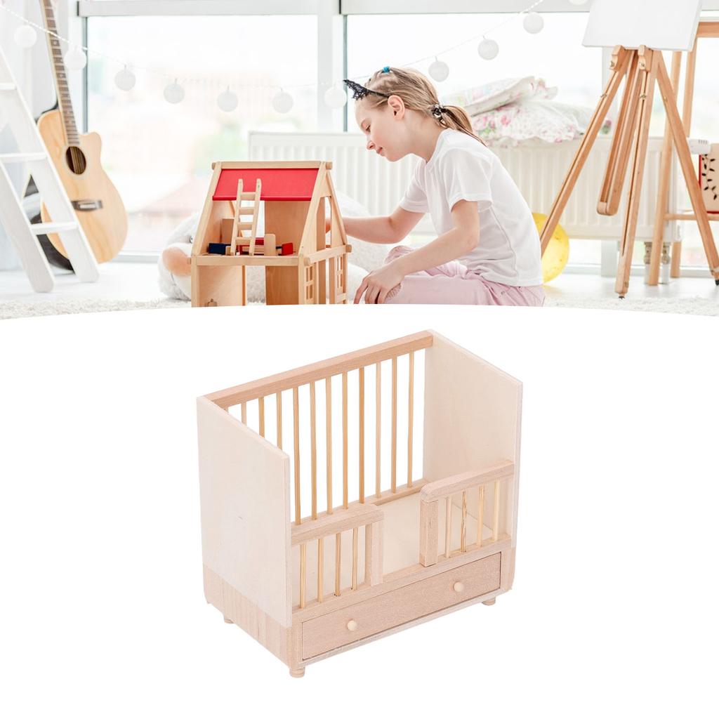 1: 12 Wood Doll Crib Bassinet Simulated Crib Miniature Doll House Furniture Bed for Bedroom