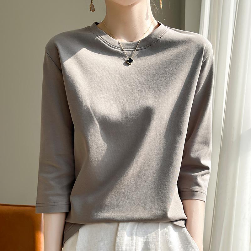 Spring Summer Women Round Neck Silky Cotton Short Sleeve T-Shirt Feminine Cotton Cropped Sleeve Bottoming Shirt