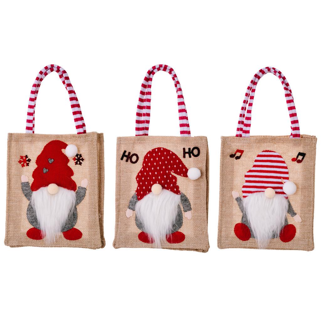 Adorable Cartoon Style Christmas Gnome Burlap Tote Bags For Holiday Gift Giving