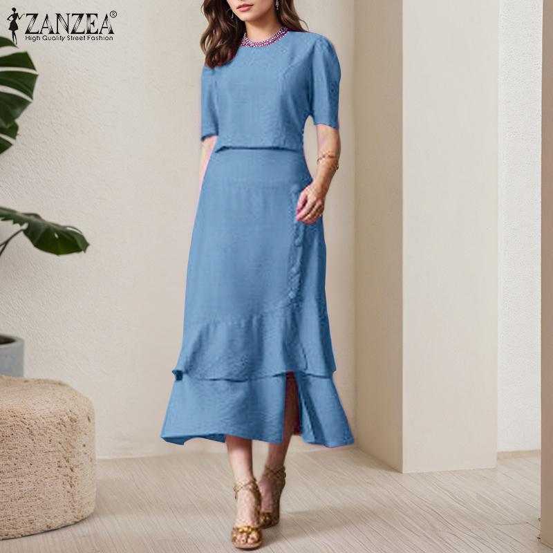 ZANZEA Women Short Sleeve Blouse and Fishtail Skirts Summer Two Piece Suit Sets