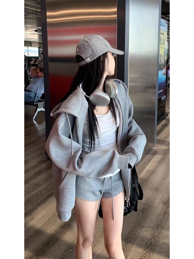Women's Gray Sporty Hoodie and High-Waisted Skirt Set - Korean Style, Spring/Autumn 2026 Collection.