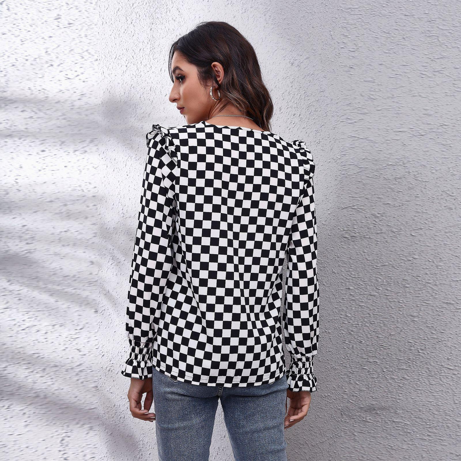 

Рубашки женские весенние и осенние с деревянными ушками, V-образным вырезом, длинными рукавами, клетчатый топ M чёрный/белый