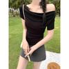 Summer Fresh and Sweet One-word Shoulder Slim-fitting Short-sleeved T-shirt Ins Niche Design Sense Chic Short Versatile Top Women