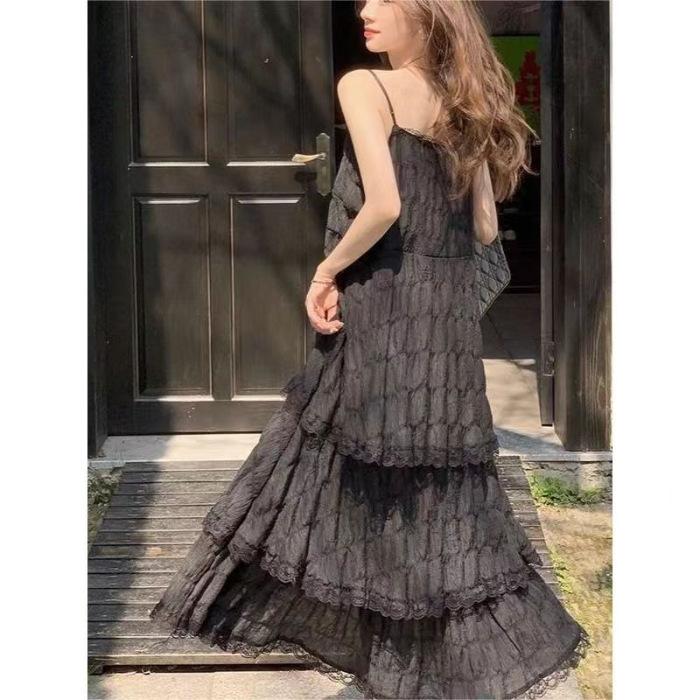 French super fairy V-neck mid-length slip cake dress women's new Korean version of the seaside resort beach dress