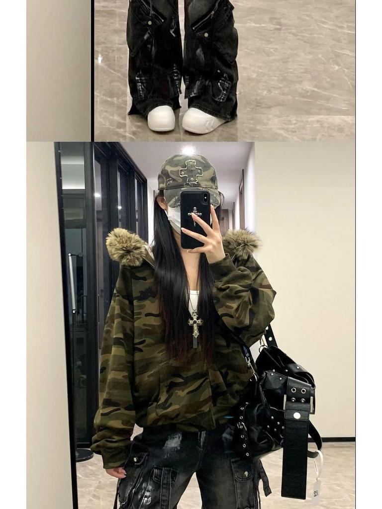 Damen Herbst Camouflage Kapuzenpullover Jacke - Lockerer Schnitt, Vielseitig, Mit Samt gefüttert, Verdickt