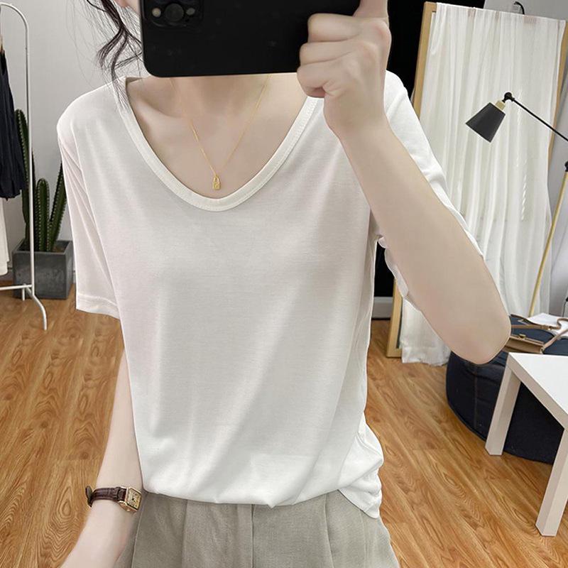 

Летняя женская футболка с V-образным вырезом, с коротким рукавом, однотонная, повседневная, свободного кроя - корейский стиль Medium белый