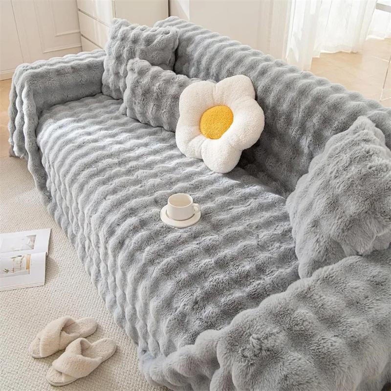 Rabbit Plush Large Sofa Anti Slip Cover Cloth Thick Winter Sofa Slipcover Protector Cover Sofa Cushion Anti Cat Scratch Universal Cover Blanket