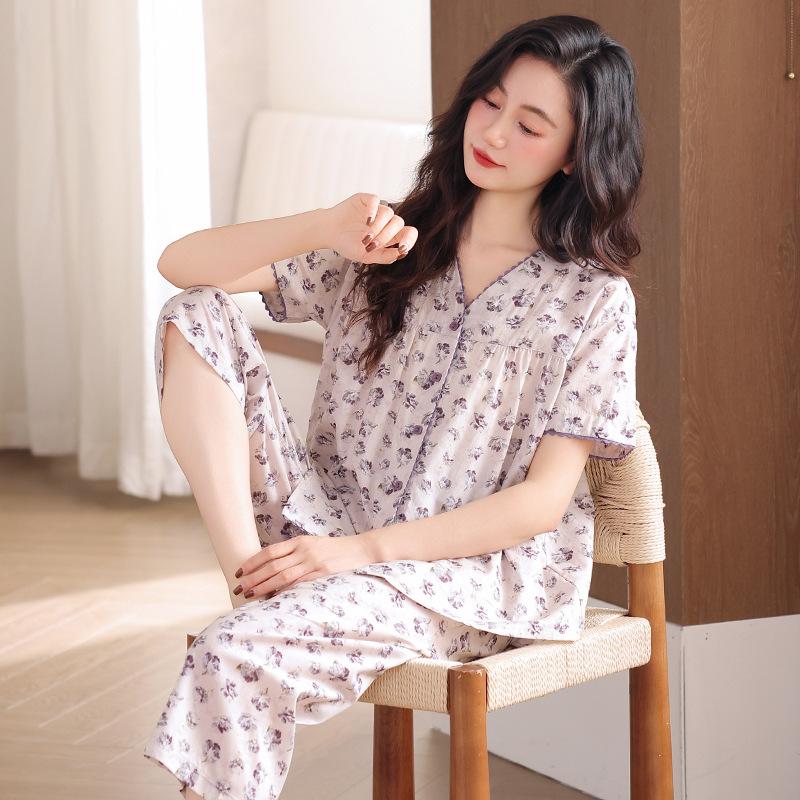Woven cotton gauze pajamas women's summer pure cotton cropped pants autumn cotton large size summer thin loungewear