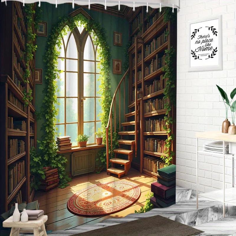 ~O~1pc Whimsical Library Shower Curtain - Spiral Staircase, Wooden Shelves, Lush Greenery, 70.8x70.8", 12 Hooks