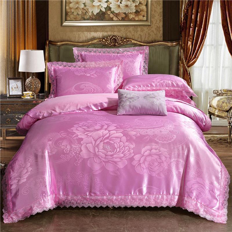 European Satin Jacquard Bedding Set - Lace-Trimmed, 4-Piece Set