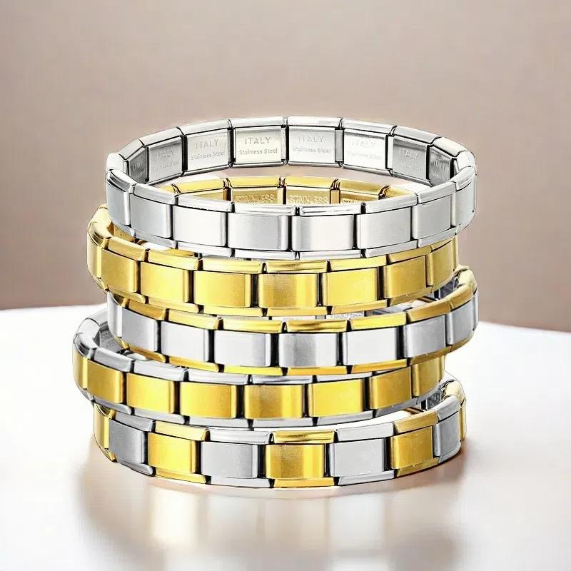 Italian Charm Link Stainless Steel Golden Bracelet for Woman Men DIY Making 9mm Bead Silver Color Retro Bangle Jewelry