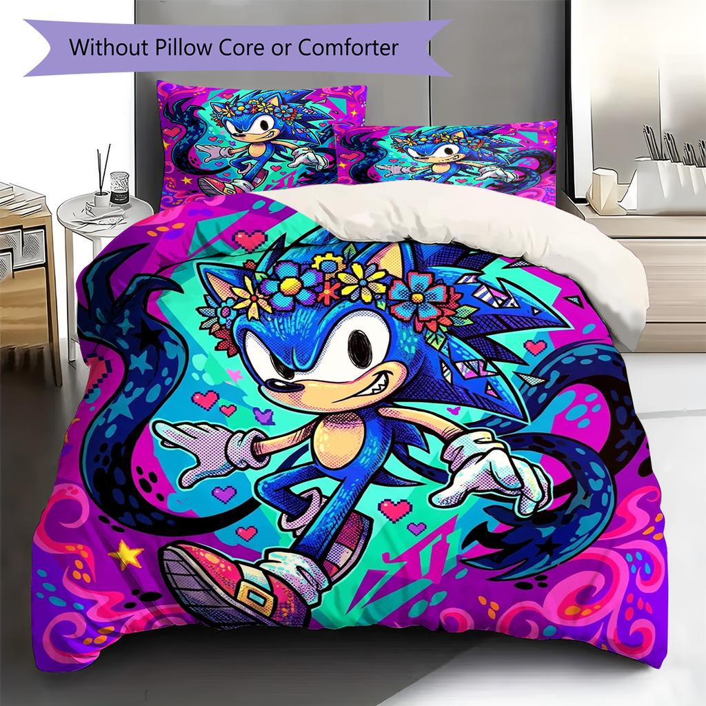 Hedgehog Sonic Pattern Bedding Quilt Set Quilt Cover Pillowcase Home Decoration Birthday Gift (1 * duvet cover + 2 * pillowcase, without core)