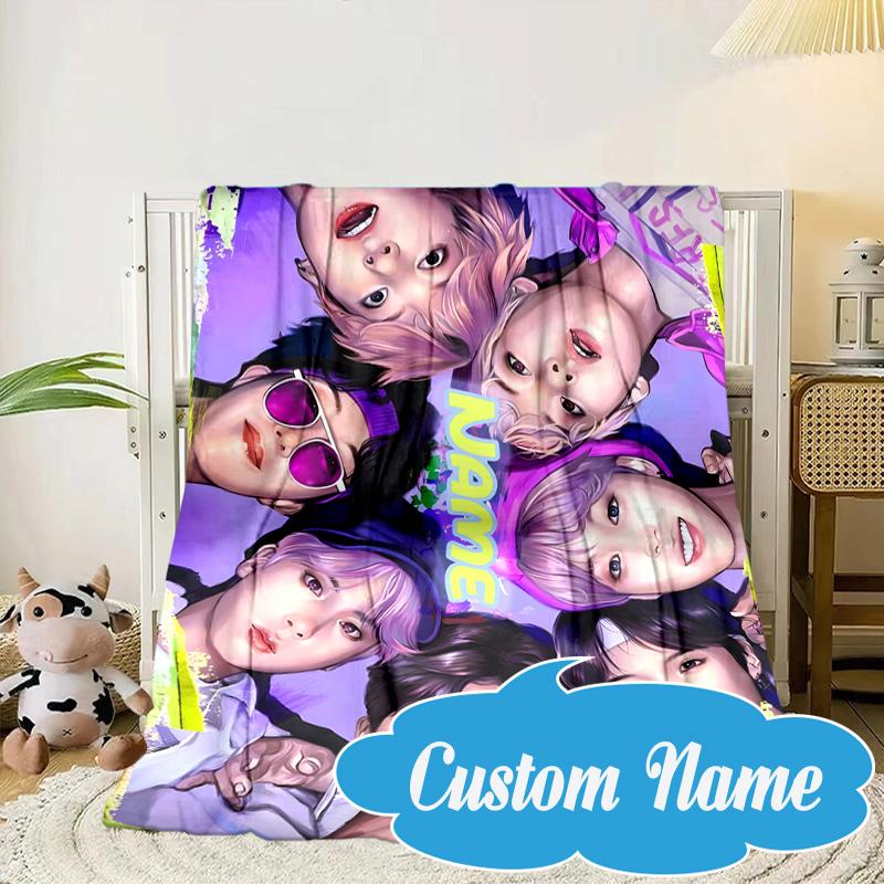 Custom Name Kawaii Stars K-pop Blanket bed sofa Blanket Flannel Blanket for Camping, Hiking, Picnic Essentials,gift for Fan family