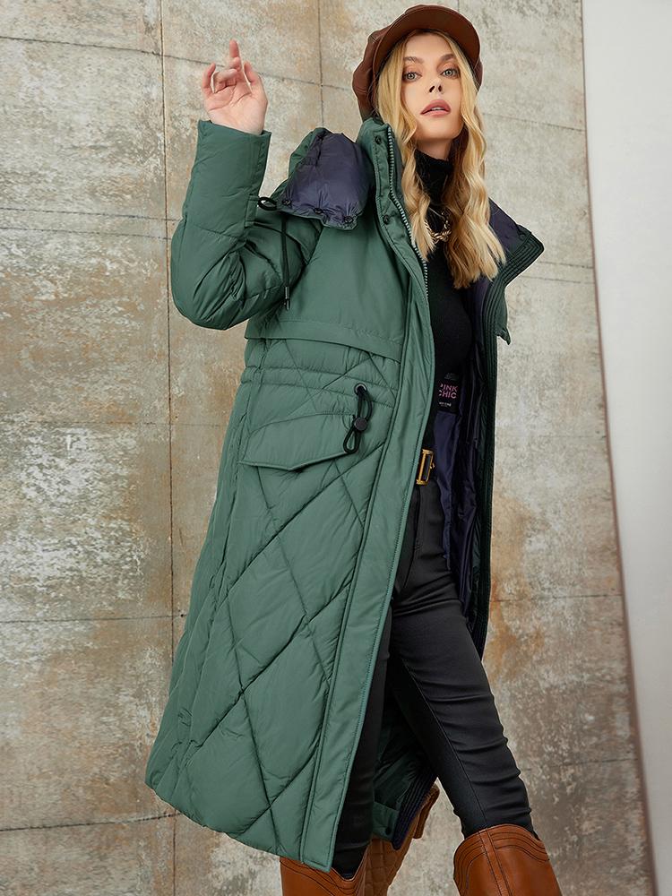 PINK CHIC 2025 New Winter Coat Women Down Jackets High Quality Rhombic Warm Lace up Hooded Long version Female Parka W6553