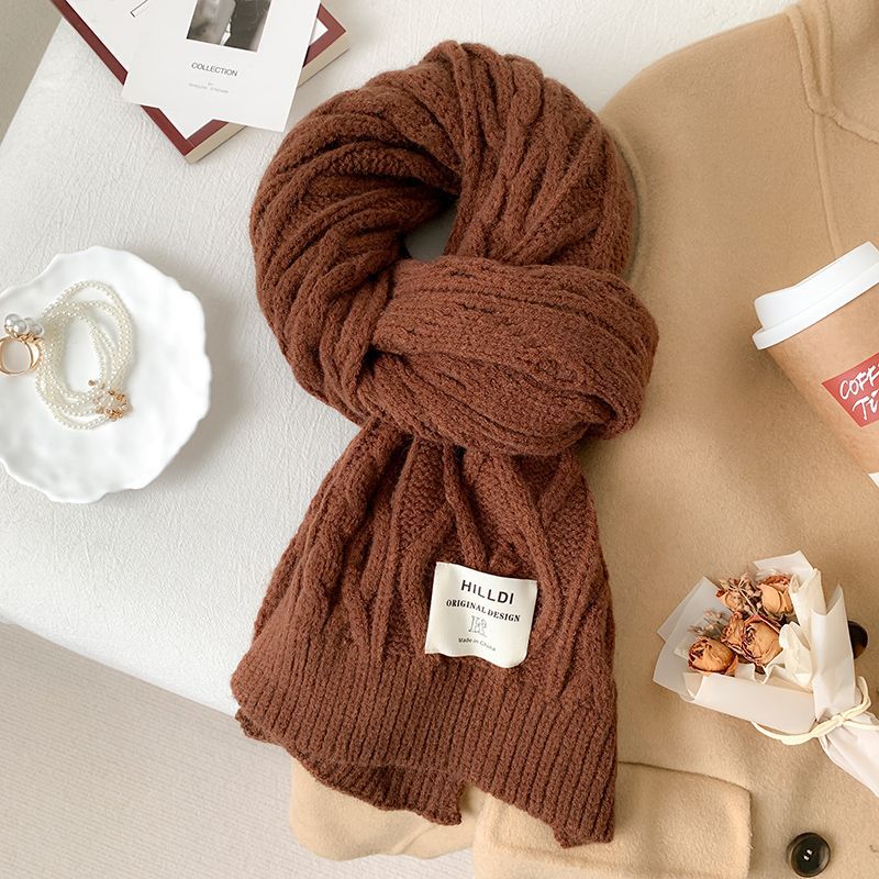 

White Retro Braided Wool Scarf for Women in Winter Soft and Versatile Solid Color Korean Style Warm Scarf Korean Version