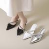 2025 Spring New Pointed Rhinestone High Heels Women's Empty Slippers Thin Heel Bag Head Black Waterproof Table Half Slippers