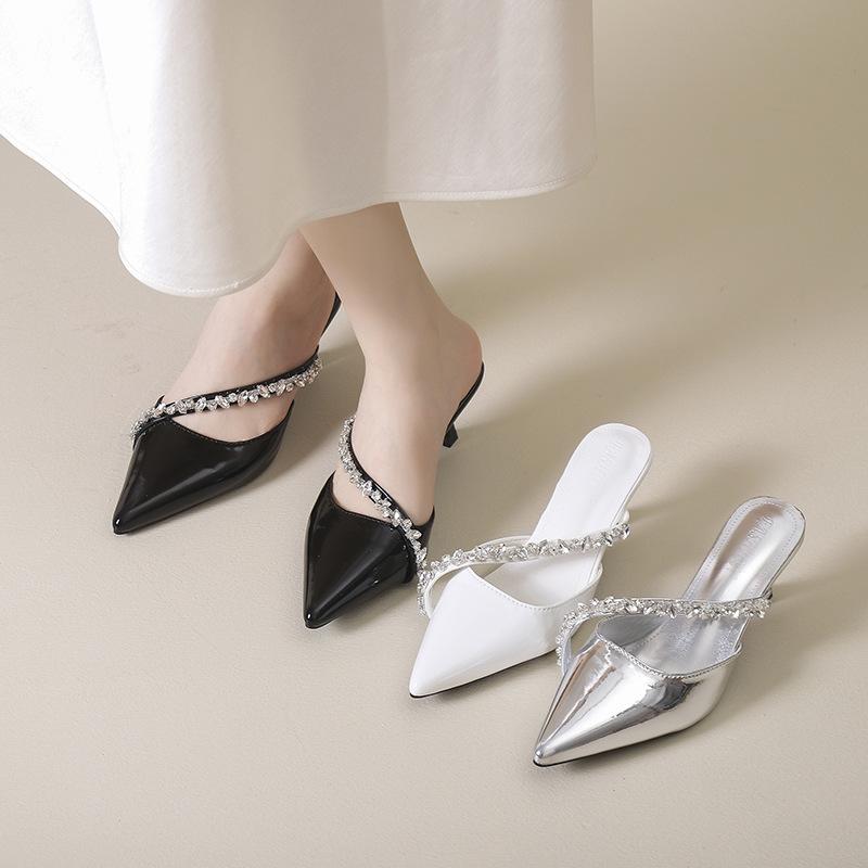 2025 Spring New Pointed Rhinestone High Heels Women's Empty Slippers Thin Heel Bag Head Black Waterproof Table Half Slippers