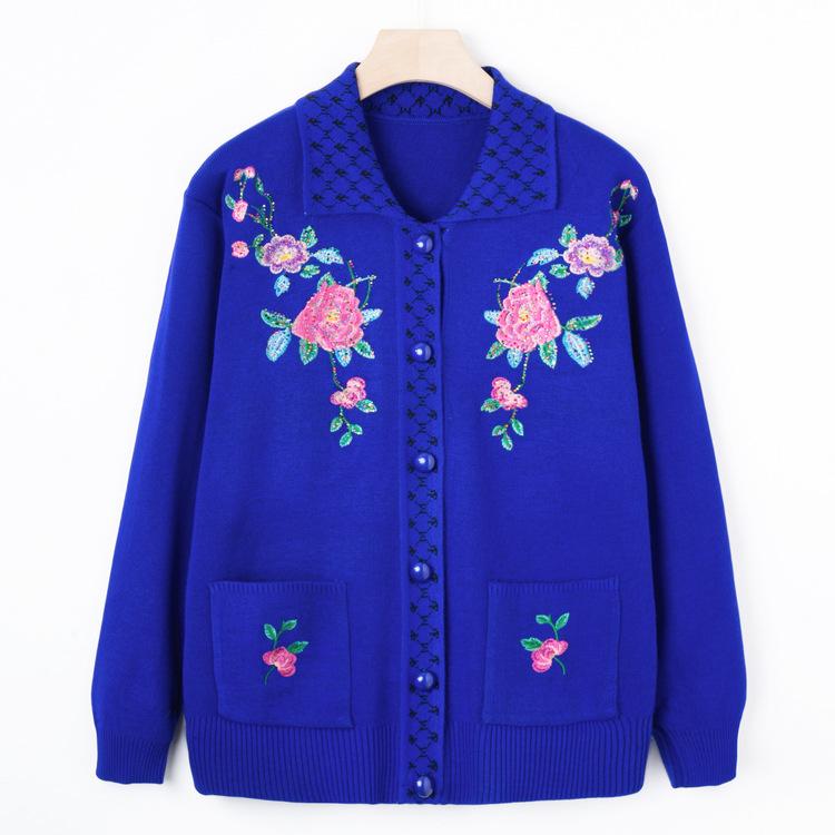 Middle-aged and Elderly Women's New Autumn Embroidered Sweater Coat Grandma Sweater Lapel Coat Mom Cardigan.