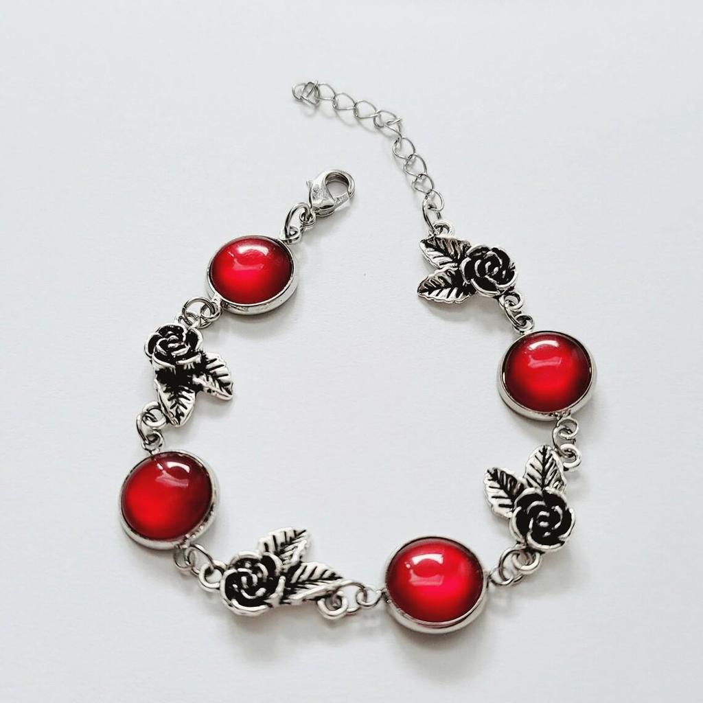 Red Ruby Rose Pendant Bracelet - Cute Floral Valentine's Day Jewelry