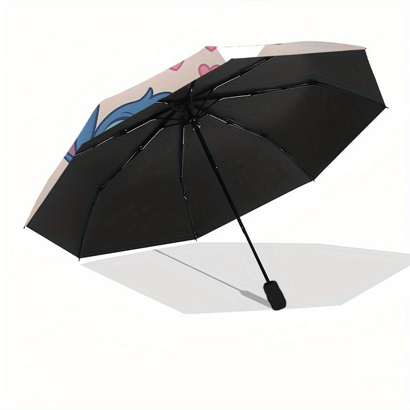 Stitch,Angel Automatic Folding Umbrella   Simple 8 Rib Design, Bright Cartoon Pattern, Durable Iron Frame, Suitable For Travel, Outdoor, Bea