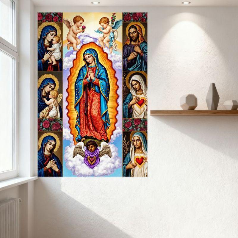 Virgin Mary Religious Icon Collage Metal Tin Sign Virgin of Guadalupe with Angels Holy Figures Wall Decor for Home Office Church