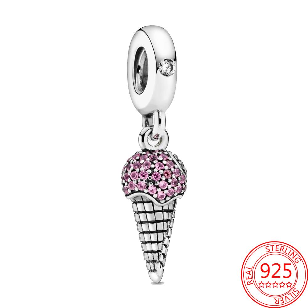 925 Silver Full Diamond Watermelon Pineapple Lemon Ice Cream Milk Tea Cup Dangle Charm Bracelet DIY Jewelry