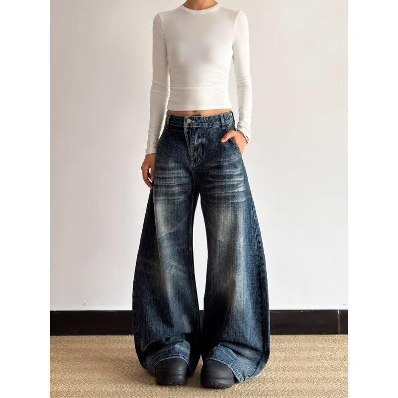 Womens High-Waisted Wide-Leg Flared Denim Jeans Loose Fit Straight Leg Trousers Casual Streetwear