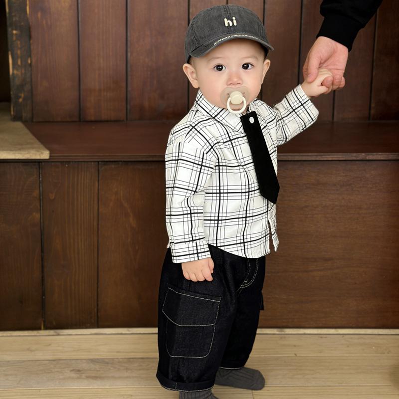 Spring Baby Out Year-Old Clothes New Baby Gentleman Bow Tie Plaid Shirt Children Handsome Tooling Jeans