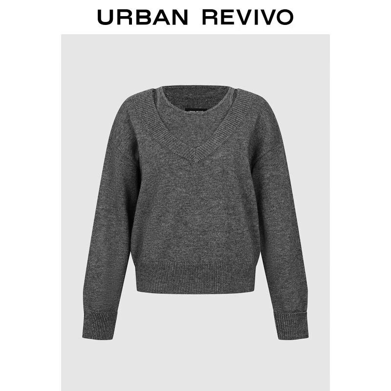UR Women s 2025 Autumn Grey Faux Two-Piece Knit Cardigan L
