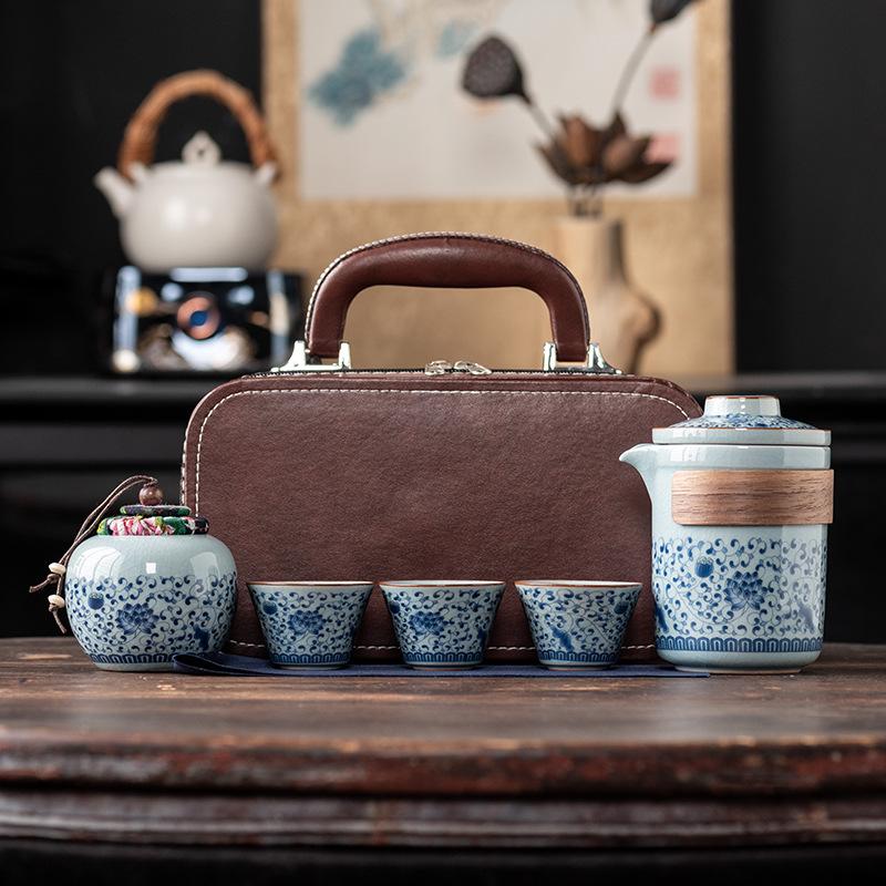 Wrapped lotus Ru kiln opening high-end travel tea set outdoor portable light luxury business commemorative gifts