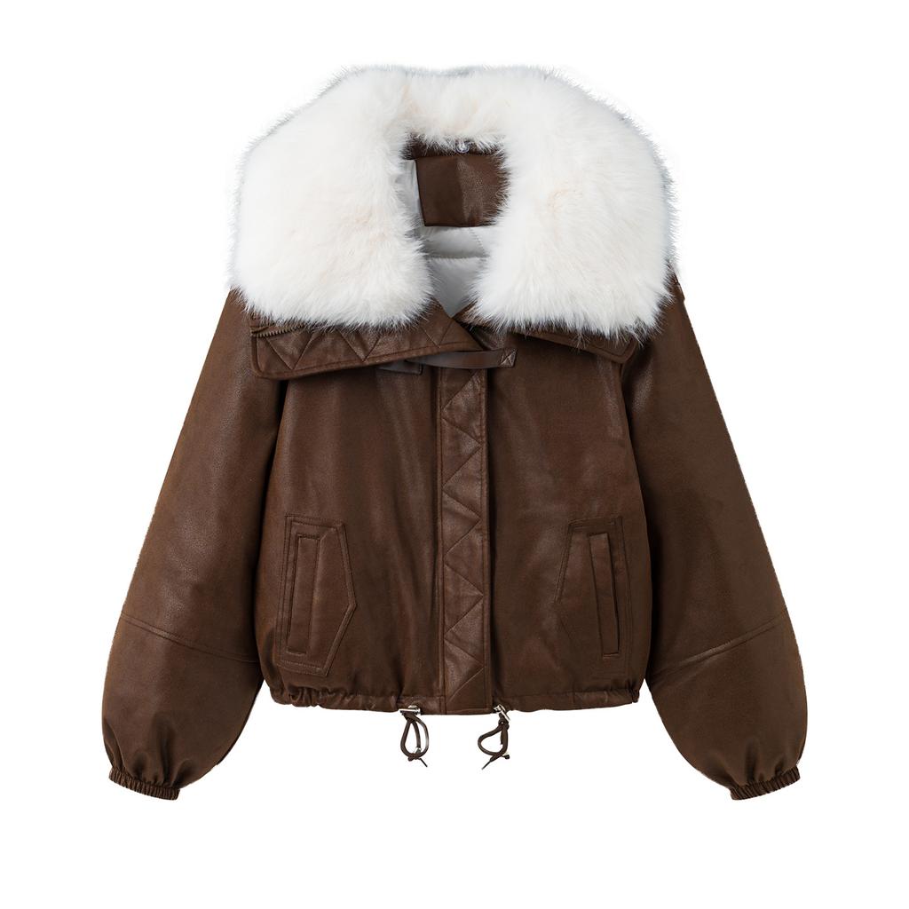 Deerskin down big fur collar padded jacket women's short loose pu cotton jacket down cotton jacket down cotton thickened