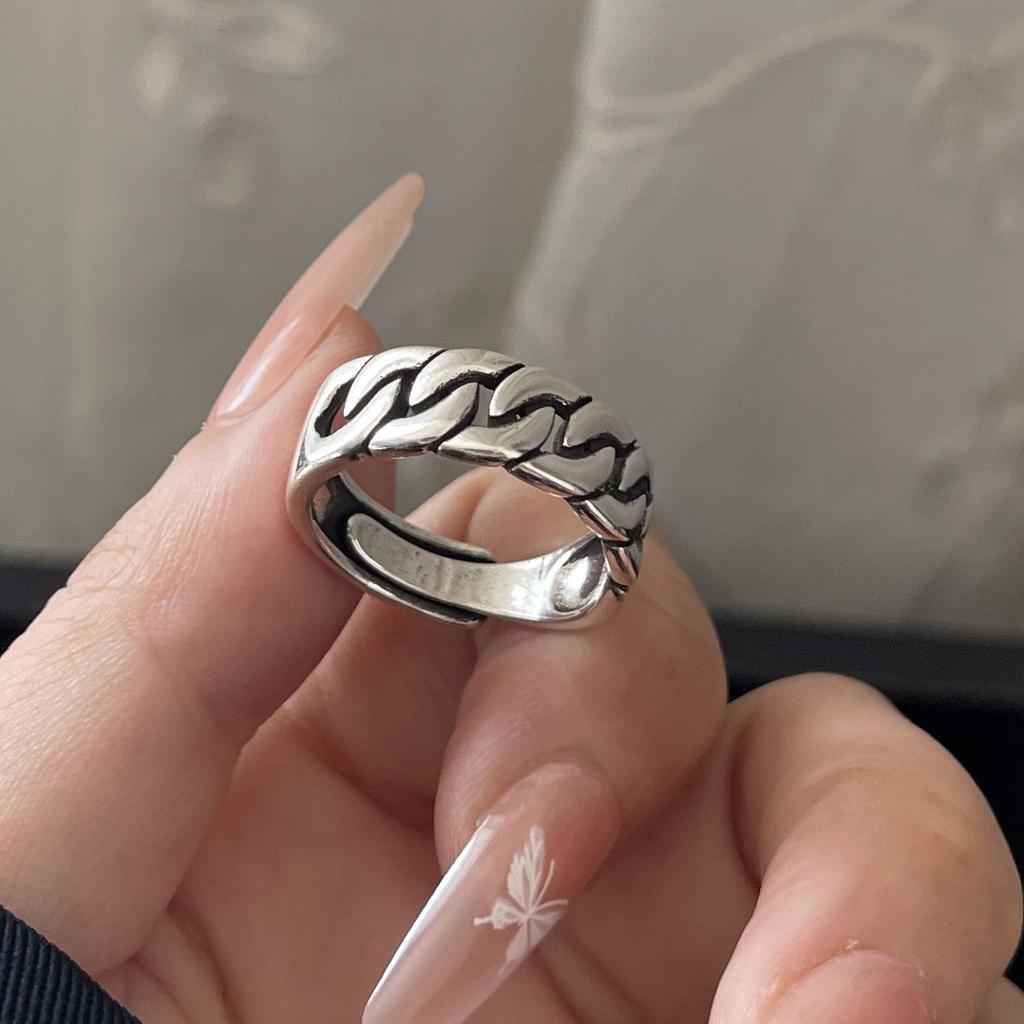 925 Sterling Silver Rings For Women Geometric Fine Jewelry Finger Adjustable Simple Retro Chain Ring For Party Birthday Gift