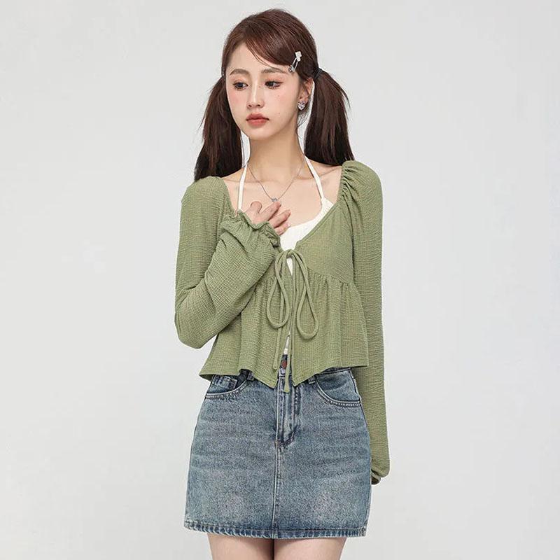 Pure Desire Short Hanging Neck Tank Top Long Sleeve Lace-up Cardigan 2Pcs Set Women Green T-shirt Slim Small Size Korean Fashion