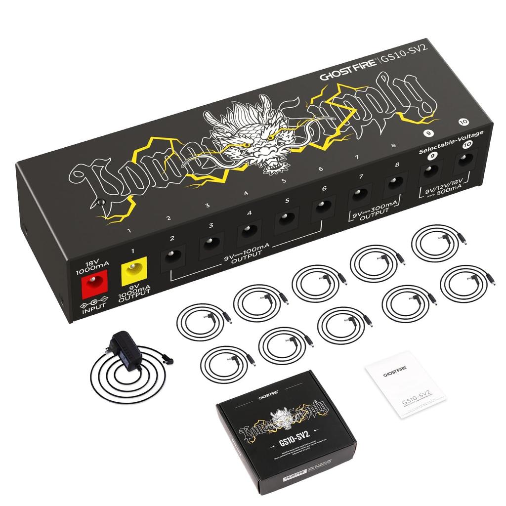 GHOSTFIRE Effector Power Supply 10 Channel Power Supply Short Circuit Protection DC for Guitar Effector Low Noise with Cable 9V/12V/18V GS10-SV2
