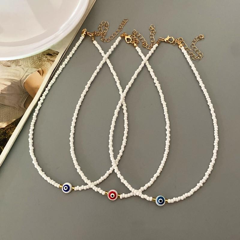 Turkey Lucky Eye Seed Beads Choker Necklace for Girl White Color Seed Beads Bohemian Short Necklace